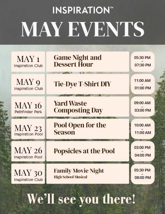 May events flyer with pink words and trees