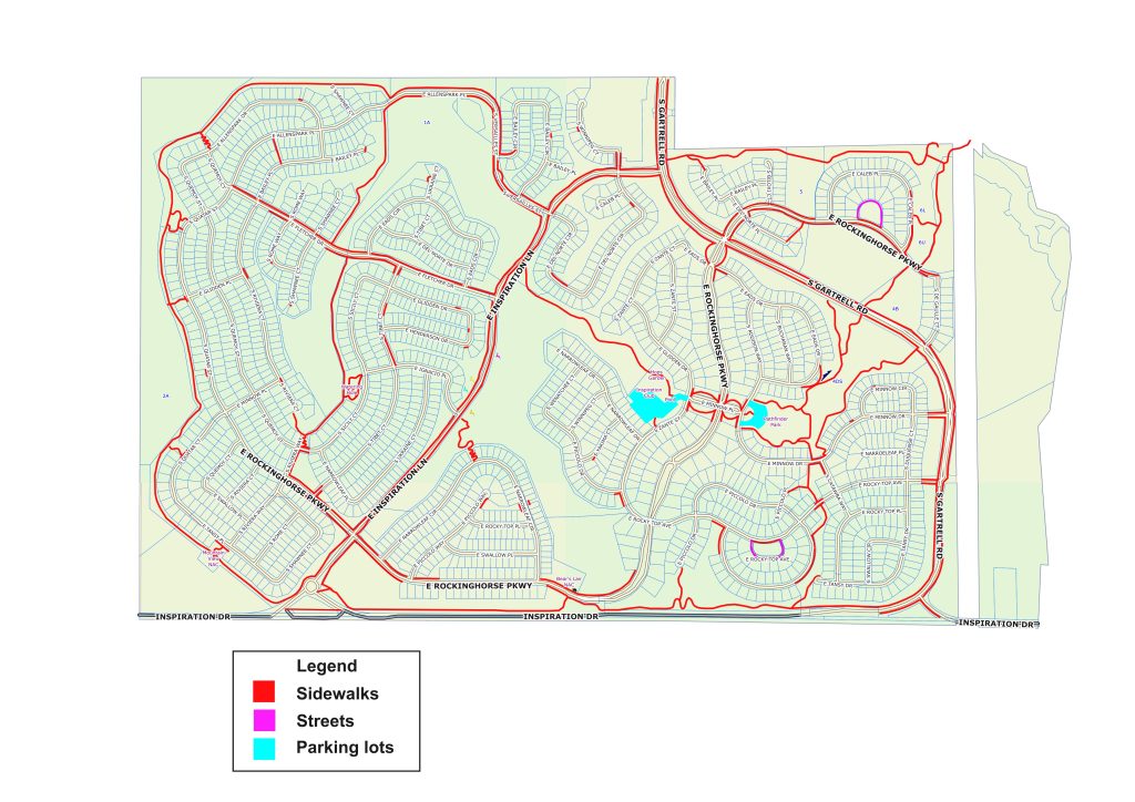 District snow removal map with parking lots, streets, and sidewalks