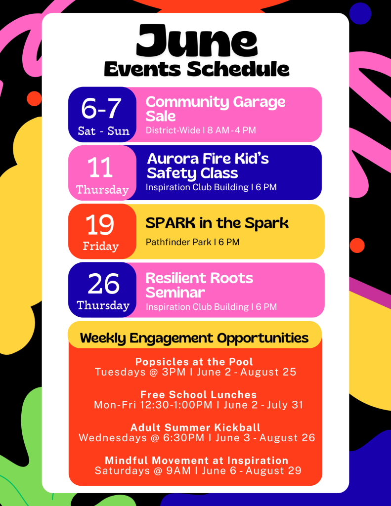 June Events Flyer with colorful side panels and events listed in order of date