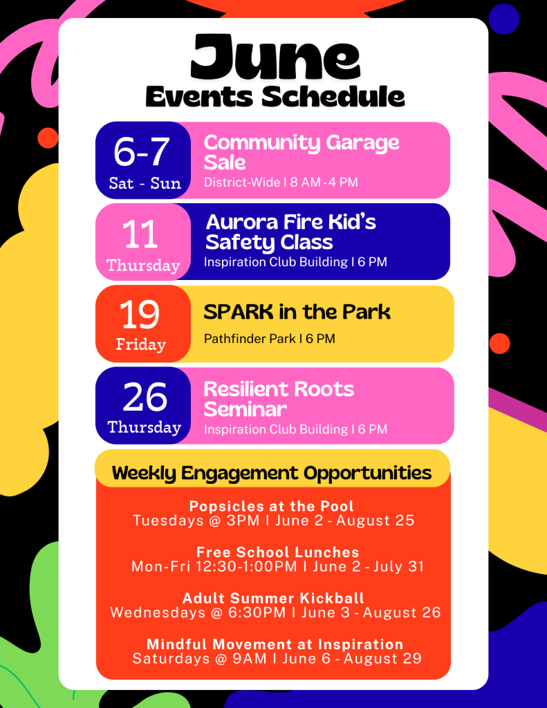 June events flyer black with bright colors and event details